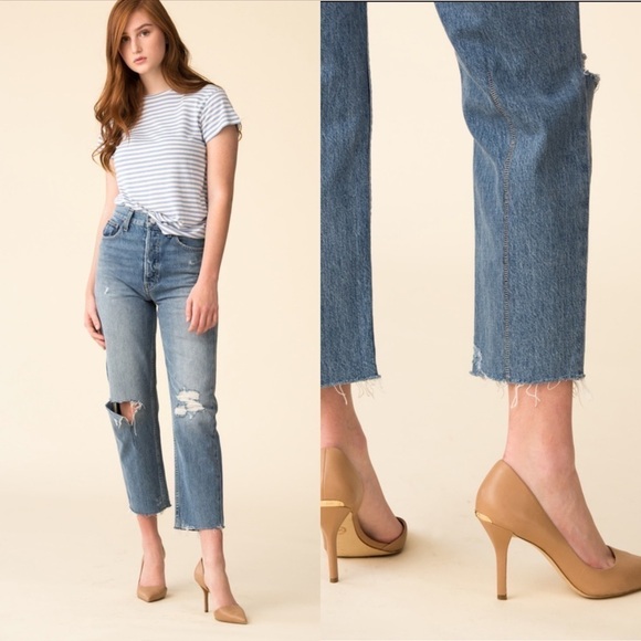 Trave Harper jeans time after time washed cropped straight raw hem distressed 28 - Picture 1 of 9